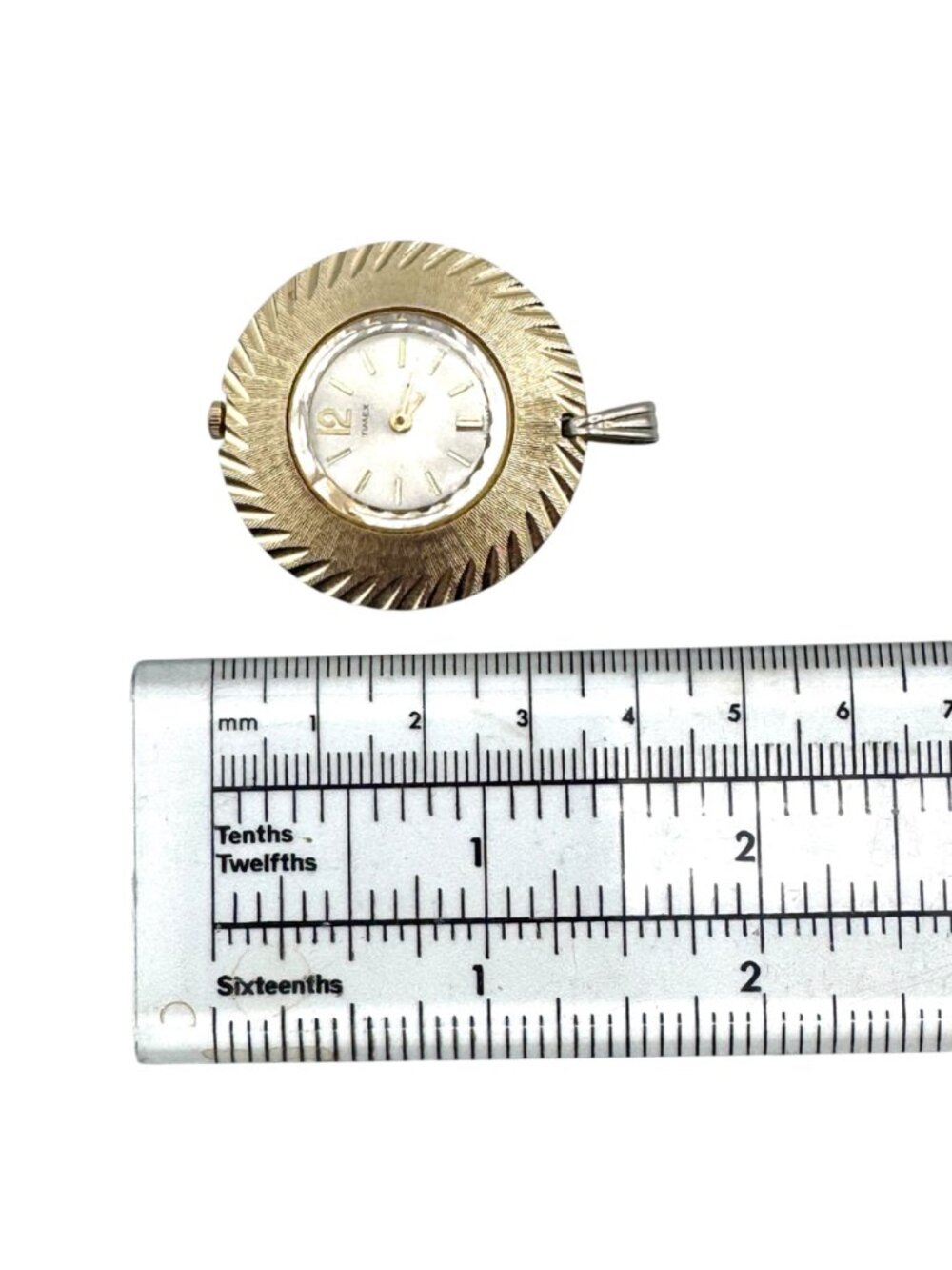Vintage Timex Watch Pendant Gold Tone Starburst Mechanical Wind 35mm Runs Slow - Picture 6 of 6